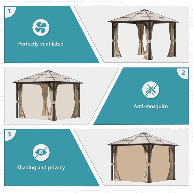 Aoxun 10FT x 10FT Gazebo Single Polycarbonate Top, Outdoor Polycarbonate Frame Permanent Gazebo with Curtains and Netting, for Patios, Parties, Backyards, Gardens and Lawns