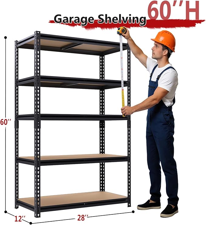 Heavy Duty Garage Shelving,5-Tier Metal Storage Shelves,2400LBS Shelving Unit,Adjustable Shelving Rack, Standing Shelf Units for Garage Storage Warehouse,28''×12''×60'',2 Pack