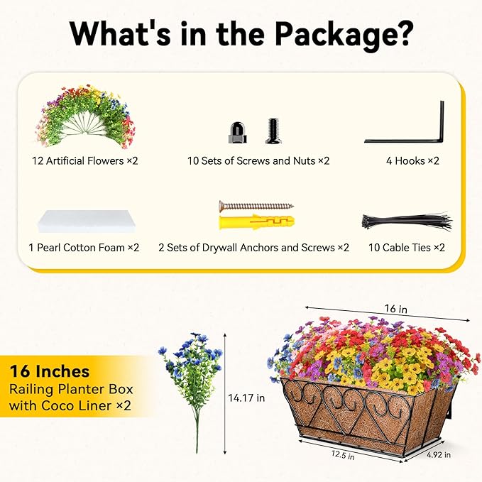 ZeeDix Railing Planter Boxes with Artificial Flowers, 2 Pack 16 Inch Window Box Planter with 24 Pack Fake Flowers for Deck Porch Patio Balcony Garden Home Decor