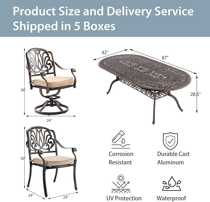 9-Piece Cast Aluminum Patio Furniture, Outdoor Dining Sets for 8 Include 87" Oval Patio Dining Table, 6 Stackable Chairs & 2 Swivel Chairs with Cushions & Umbrella Hole(Bronze)
