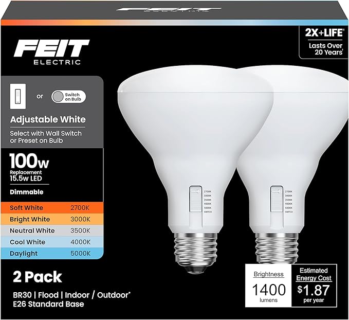 Feit Electric BR30 LED Light Bulb, 100W Equivalent, Dimmable, 1400 Lumens, 5-Color Adjustable White, 90+ CRI, General Purpose Flood & Track Lighting, 25,000-Hour Lifetime, BR30100DM/6WYCA/2, 2 Pack