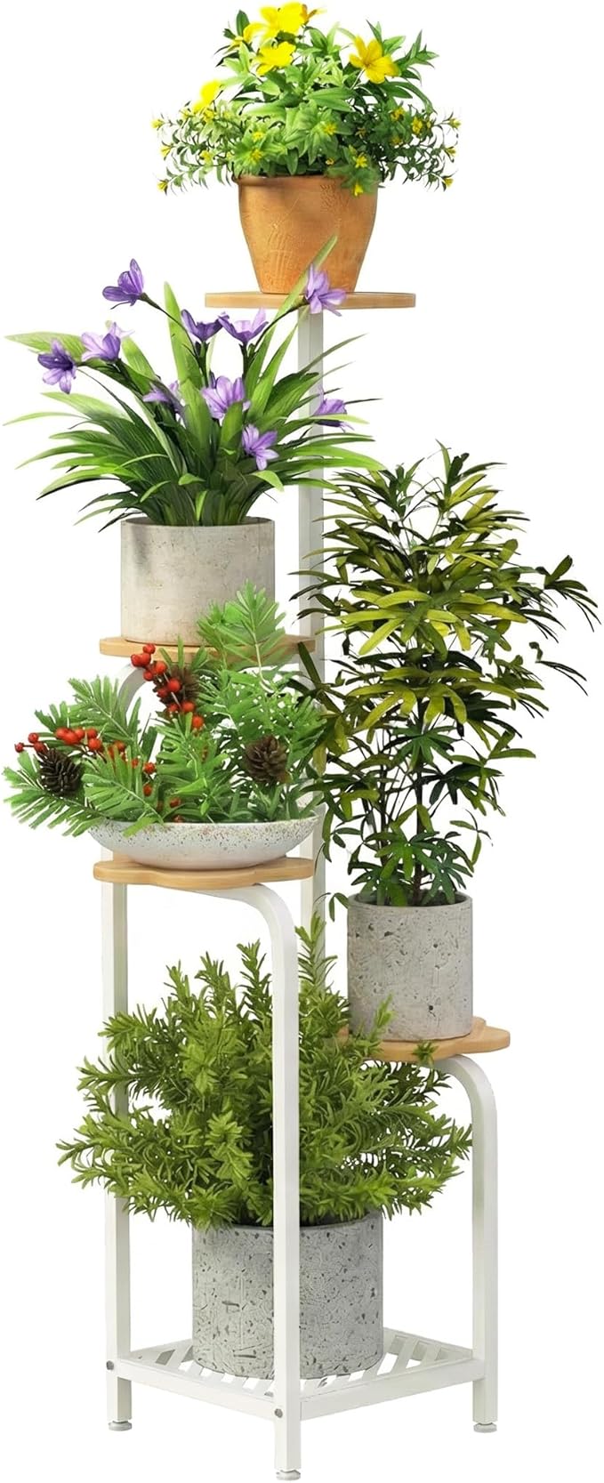 TOSKING 5 Tier Metal Plant Stand Indoor 48''H Tall ,Heavy Duty Plant Shelf , Corner Shelf Flower Pot Stand for Outdoor Plant Stand for Living Room Balcony Garden Patio Bedroom (5 Tier-White and Wood)