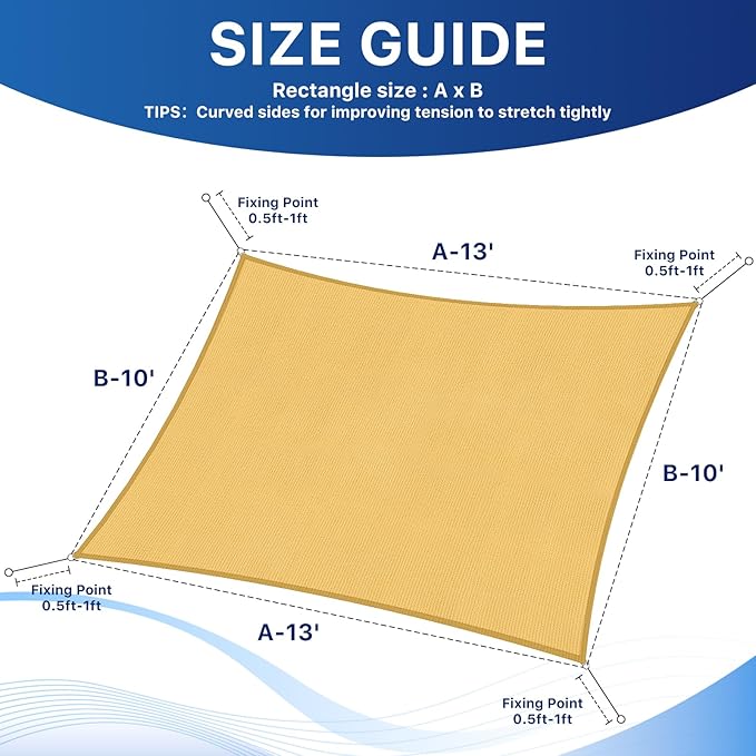 10'x13' Sun Shade Sail, UV Protection Outdoor Shade, Curved Tear Resistant Heavy Duty Sun Shade for Patio Garden, Backyard, Deck, Car Port, Playground, (Sand)