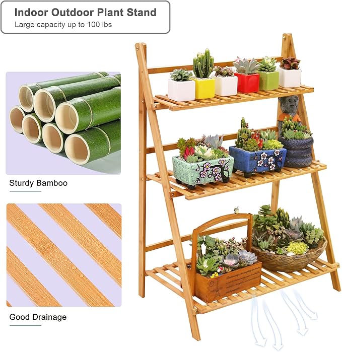 Ufine Bamboo Ladder Plant Stand 3 Tier Foldable Flower Pot Display Shelf Rack for Indoor Outdoor Home Patio Lawn Garden Balcony Organizer Planter Holder