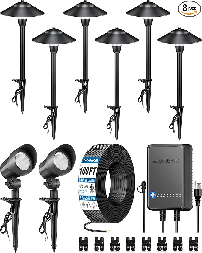 SUNVIE All-in-ONE Landscape Lighting Kit 6-Pack LED Outdoor Pathway Lights, 2-Pack Spotlights, 60W Transformer, 100FT 16/2 AWG Wire and Connectors Outdoor Landscape Lighting for Walkway Garden Yard