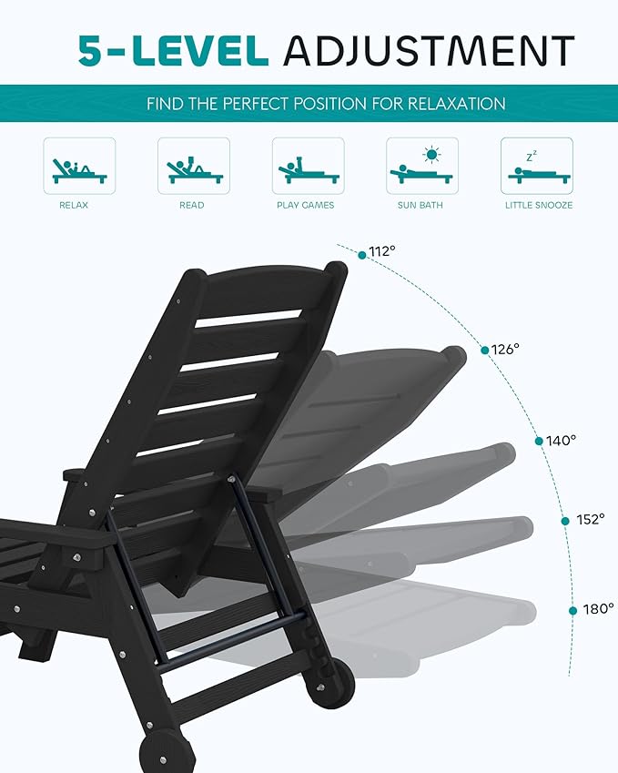 SERWALL Patio Chaise Lounge Chair Set of 2 with 9FT Patio Umbrella, 78'' HDPE Outdoor Lounger, Poly Lounge Chair with Rolling Wheels & Cup Holder for Pool,Obsidian Black (Umbreall Base not Included)