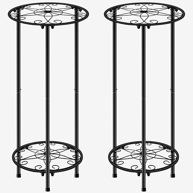 CASIMR Plant Stand Indoor Outdoor, Metal Rustproof Flower Shelf 2 Tier 23.9 inch, Tall Multiple Plant Pot Holder Rack for Garden Patio Living Room Corner Balcony, 2 Pack Black