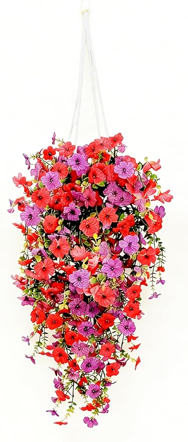 Artificial Flowers for Outdoors Fake Hanging Plants with Pot, 4pcs Silk Colorful Flowers UV Resistant Realistic Hanging Planter Faux Flower for Outside Porch Patio Home Garden Yard Decoration