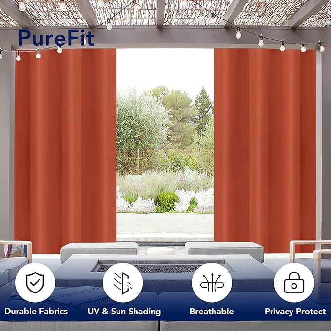 PureFit Outdoor Curtains for Patio Waterproof Weatherproof, UV Resistant Outside Curtains for Gazebo, Front Porch, Pergola, Sun Blocking Privacy Curtain, 52W x 95L inch, 1 Panel, Red Clay