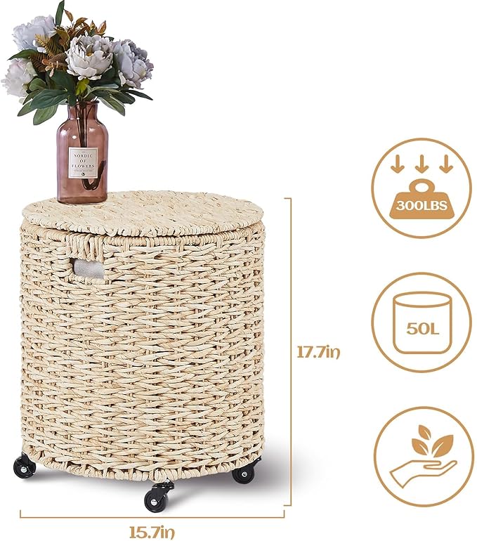 Wimarsbon Round Pouf Ottomans, Handwoven Natural Water Hyacinth Seagrass Pouffe,Outdoor Rattan Stool Accent Seat, Bohemian Coastal Home Decor (Storage Ottoman - Corn Husk)