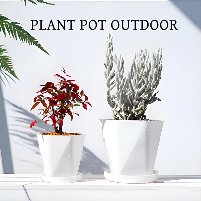 InmeRun Plant Pots Indoor Plastic Flower Pots Outdoor 5 inch Set of 12 Pack with Drainage Holes and Saucers for Garden Pots (5 in 12 White)