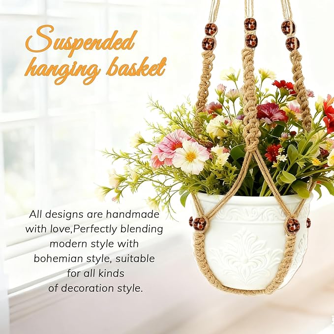 35 Inch Macrame Plant Hanger, Large for up to 15 Inch Pot Extra Long Hanging Planter Holder Basket with Wood Beads for Indoor Outdoor Home Decor (Brown, 2-Pack)