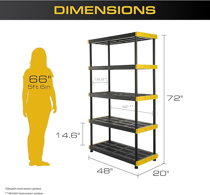 CX Black & Yellow, 5-Tier Heavy Duty Plastic Storage Shelves that Support up to 200lbs/shelf, Organization and Storage, Weather-Resistant Design, Easy Assembly (72”H x 48”W x 20”D)