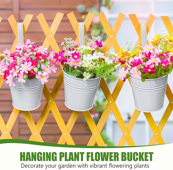 OBTANIM 12 Pack Metal Hanging Flower Pots Railing Planter Outdoor Fence Hanging Bucket Plant Holder with Detachable Hooks Drain Holes for Home Garden Yard Decor (White, 4 x 4 Inch)