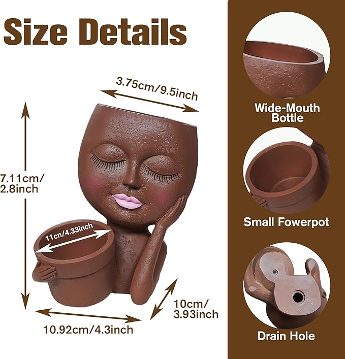 Face Double Plant Pot - Cute Succulent Head Planters Indoor Outdoor Decor, Resin Flower Pots with Drainage Hole, Unique Ideal Present, Gifts for Women/Mother