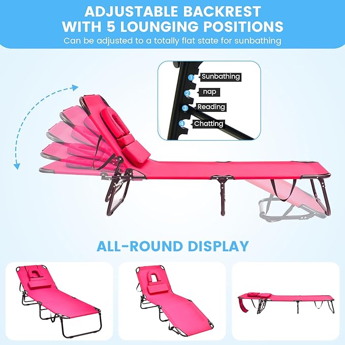 GYMAX Tanning Chair, 350lbs Beach Lounge Chair with Face Hole, Washable Pillow & Carry Strap, Adjustable Folding Chaise Lounge, Layout Chair for Outside, Patio, Poolside, Lawn (1, Pink)