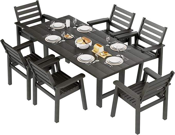 AMERLIFE 7-Piece HDPE Outdoor Dining Set with Umbrella Hole, 71" L Patio Table and Chairs Set for 6, Modern Garden Dining Set for Backyard, Poolside, Seaside, Porch, Black
