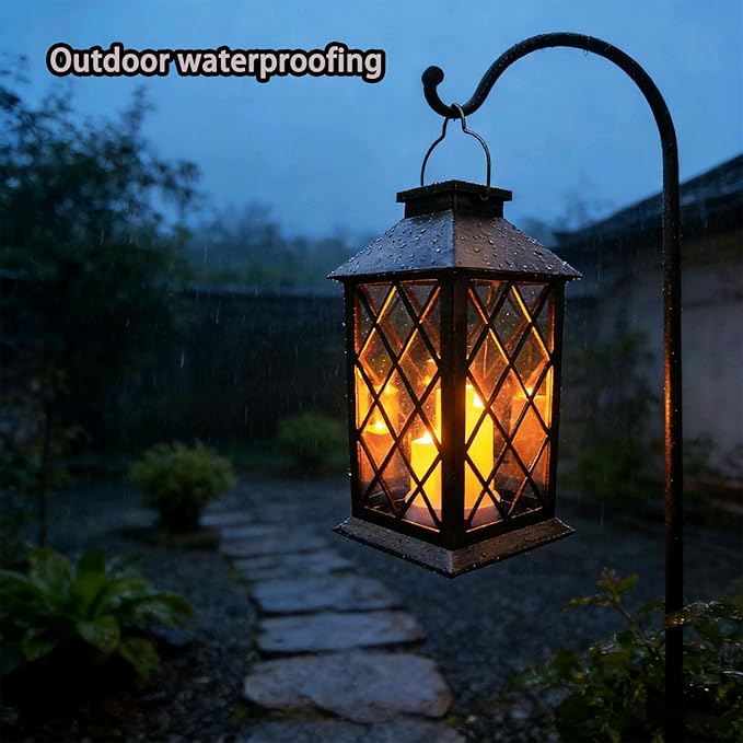 Solar Outdoor Lantern, Garden Hanging Waterproof Lanterns PVC Upgrade 3 LED Flickering Flameless Candle Decorative for Garden Women Mom Grandma Halloween Gifts (Grid Candle)