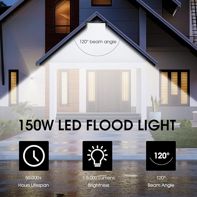 150W LED Flood Light Outdoor,2 Pack 15500LM Super Bright Security Light,IP66 Waterproof Floodlight,5000K Daylight White LED Exterior for Basketball Court, Stadium, Playground
