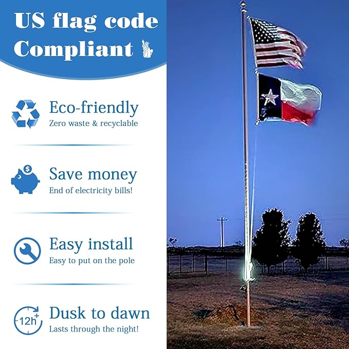 Solar Flag Pole Light, 3 Super-Spotlights LEDs, Adjustable Metal Clamps Fits 2-6''Flag Poles, IP65 Waterproof Outdoor Solar Powered Flagpole Lights, 360 Degrees of Flag Illumination, White