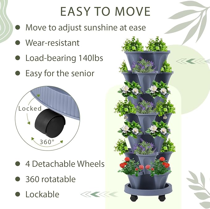 Umigy 2 Set of 7 Tier Vertical Planter Stackable Tower Planters Strawberry Herb Flower and Vegetable Pots Indoor Outdoor Gardening Pots with Removable Wheels and Tools(Dark Gray)