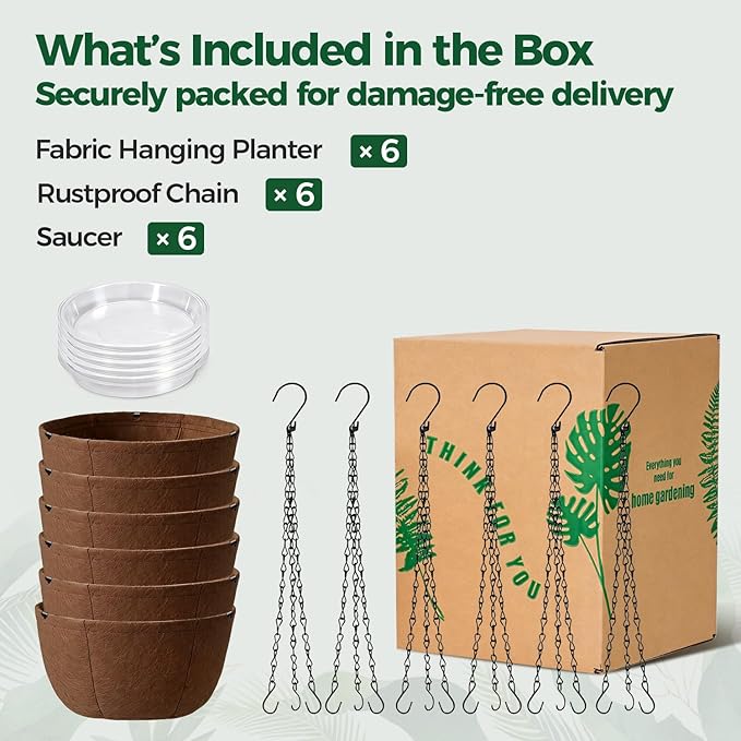 T4U Hanging Planters for Outdoor Plants, 12 Inch 6 Pack Fabric Hanging Baskets with Drainage Tray, Decorative Hanging Pots for Plants Outdoor Patio Porch Garden Use（Brown）