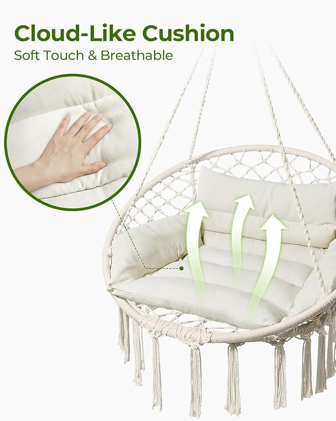 Greenstell Hammock Chair, Macrame Swing Chair with Comfy Cushion, Boho Hanging Chair for Outdoor & Indoor, Perfect for Bedroom, Patio, Balcony, Hold up to 350Lbs, Beige