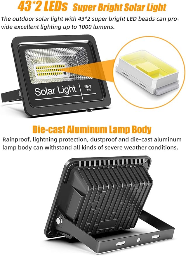 Solar Flood Light Outdoor 1000LM Dual 6000K Bright White Floodlights Ip65 Waterproof Solar Power Light Auto On/Off Dusk to Dawn with Remote Control for Yard, Garden, Shed, Barn.