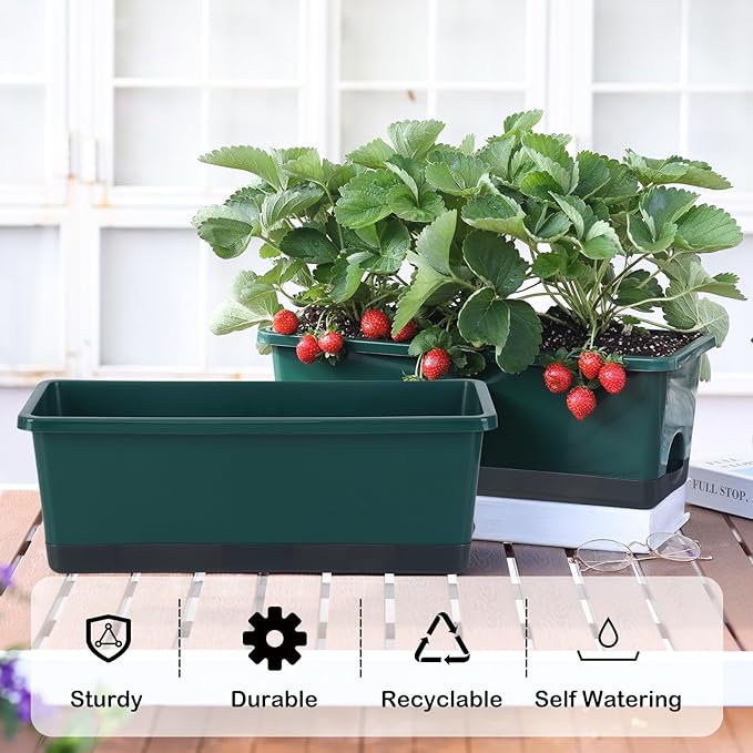 Window Box Planter 8 Pcs, 17 Inches Rectangle Flower Pots with Drainage Holes & Trays, Vegetable Planters for Windowsill Patio Garden Balcony Home Indoor Outdoor (Dark Green, 16 * 7 * 6 inch)