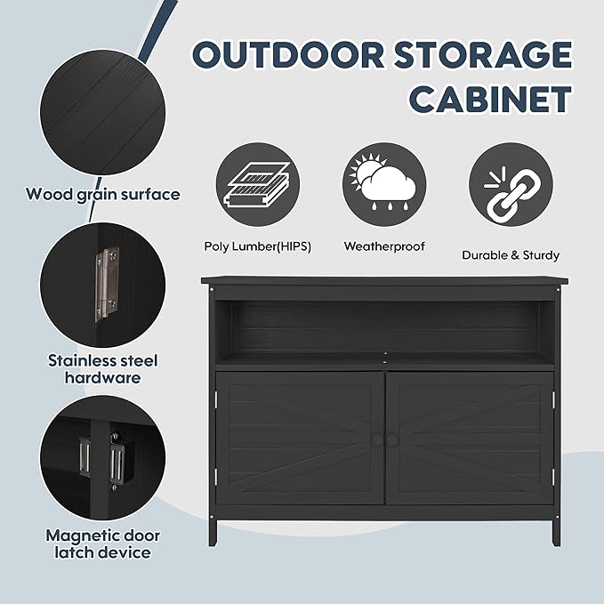 HIPS All-Weather Outdoor Storage Cabinet,Outdoor Sideboard with Magnetic Doors,3-Shelves Patio Storage Cabinet, Used for Garden,Buffet Cabinet,TV Stand, Bar Table,Balcony
