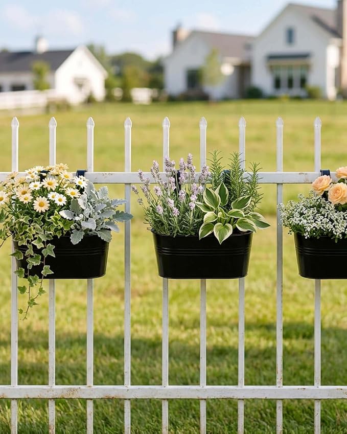 Metal Railing Planters for Outdoor Plants - 5 Pcs Balcony Hanging Flower Pots with Detachable Hooks & Drain Holes, Windowsill Oval Hanging Bucket Pots Fence Planters for Garden Home Decor, Black
