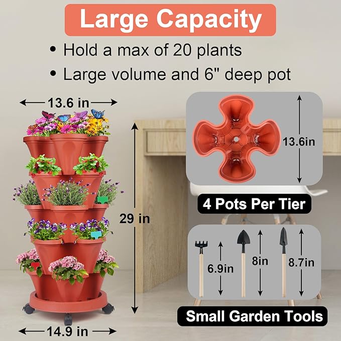 DUNCHATY Stackable Planter, Vertical Strawberry Planter with Garen Tool Set, Self Watering Garden Planter Indoor/Outdoor 5 Tier Herb Planter Pots for Growing Vegetables and Succulents, Clay Red