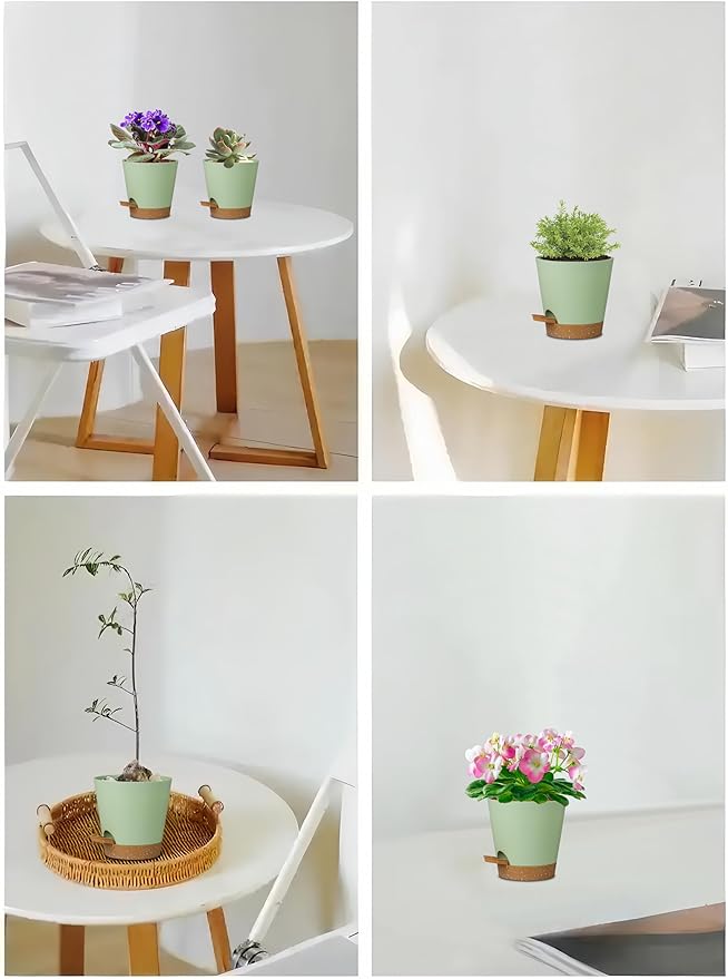 5 Pack 5 inch Self-Watering Pots, African Violets Planter with Drainage Holes and Reservoir, Green Brown Plastic Planter for Indoor Outdoor Plants Flowers and Houseplants Green Brown, 5 inch 5 pcs