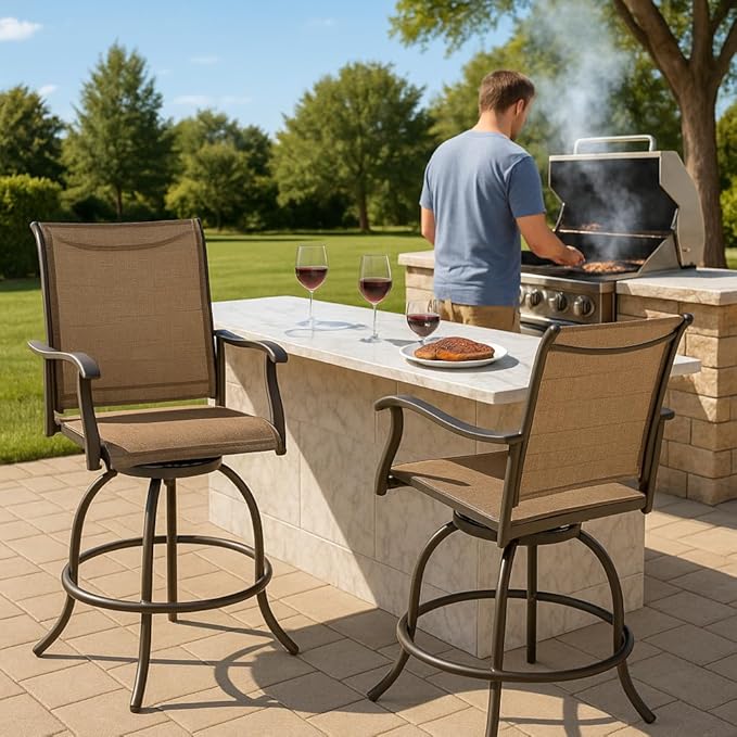 Kozyard Isabella Outdoor Swivel Bar Stools, Counter Height Patio Swivel Chairs with Textilene Seat, High Outdoor Bar Chairs for Backyard, Bistro, and Patio Bars Beige