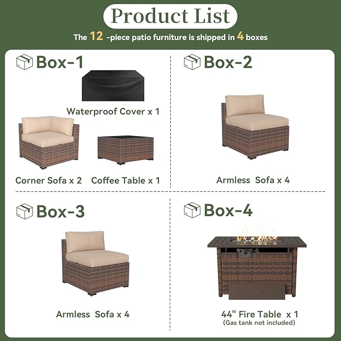 Aoxun 12 Piece Patio Furniture Set with 44” Fire Pit Table Wicker Rattan Outdoor Sectional Sofa Set with Coffee Table and Thickened Cushions, Beige (Waterproof Cover Included)