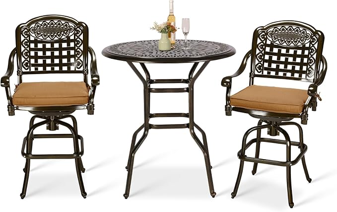 VIVIJASON 3-Piece Patio Swivel Bar Stools Set, All Weather Outdoor Cast Aluminum Bar Height Bistro Set with 2 Cushioned Bar Chairs & 35.4" High Bar Table w/Umbrella Hole for Backyard, Lawn, Garden