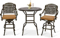 VIVIJASON 3-Piece Patio Swivel Bar Stools Set, All Weather Outdoor Cast Aluminum Bar Height Bistro Set with 2 Cushioned Bar Chairs & 35.4" High Bar Table w/Umbrella Hole for Backyard, Lawn, Garden