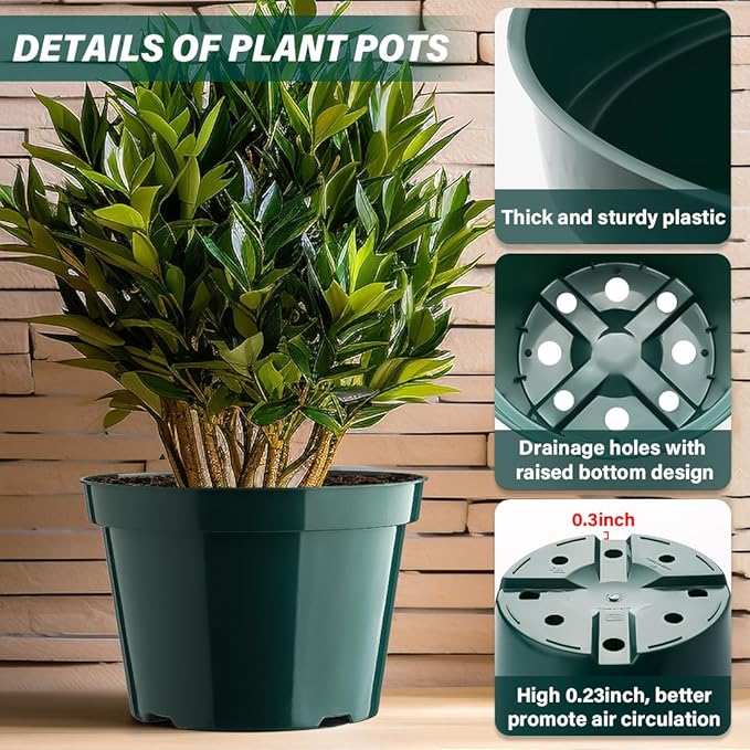 BTPLASTIK 8 Inch Plastic Plant Pots, 15 Pack Sturdy Nursery Pots with Drainage Holes, Flower Planter Pots for Indoor Outdoor, Garden Containers Sets for Vegetable Herbs Flowers, Green