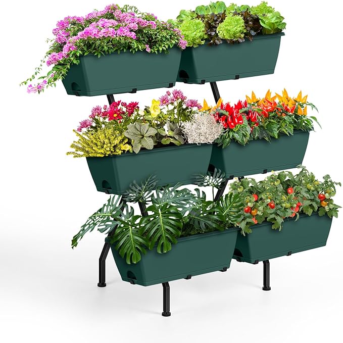 2 Column Vertical Raised Garden Beds, 6 Planter Boxes Standing Garden Bed Outdoor/Indoor Herb Garden Tiered Planter with Drainage Holes & Removable Trays for Flowers/Vegetables/Plants (Green)
