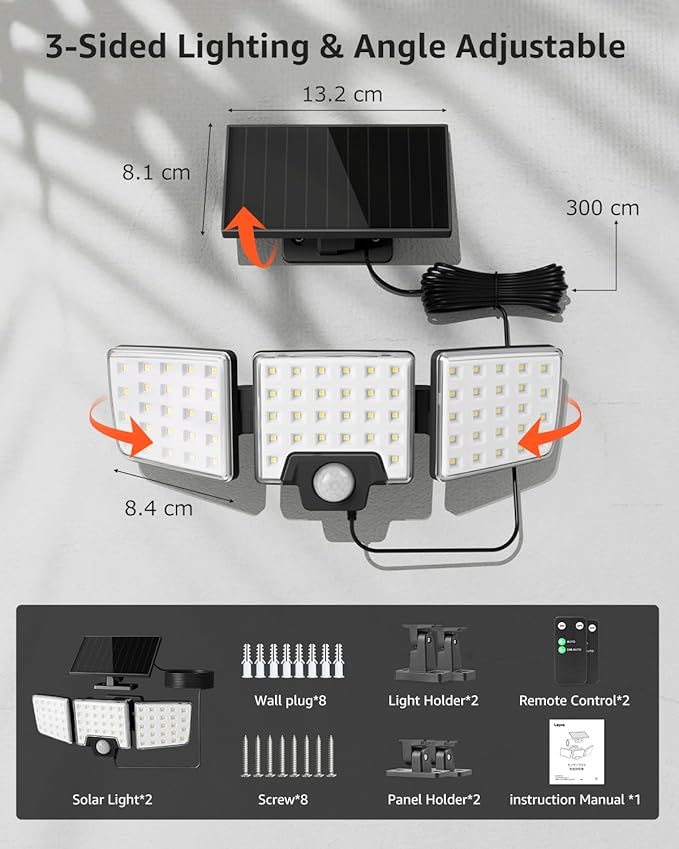 Lepro Solar Security Lights Outdoor Motion Sensor, 2 in 1 Separated and Integrated Remote Control IP65 Waterproof Solar Lights with 2 Light Modes, 3 Heads Floodlight for Garden Yard Garage