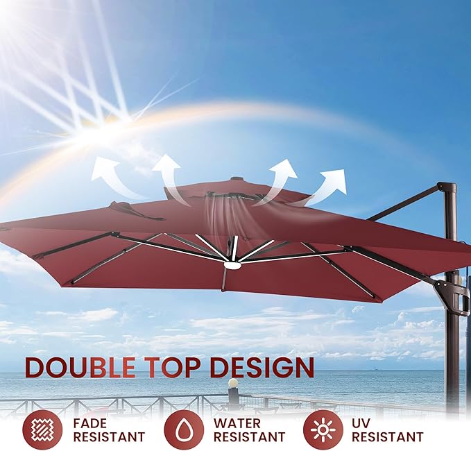 10 X 13 FT Cantilever Patio Umbrella with LED Lights Outdoor Heavy Duty Double Top Windproof Rectangle Offset Umbrellas with 360-degree Rotation for Pool Deck Backyard, Wine Red