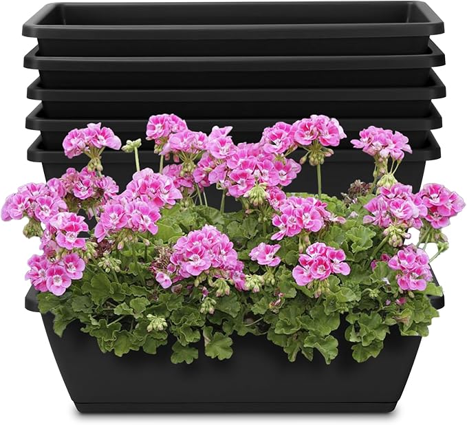 Window Box Planter, 6 Packs 17 Inches Rectangle Planters Box with Drainage Holes and Trays, Vegetable Planters for Windowsill Patio Garden Home Decor Porch Yard Dark Gray