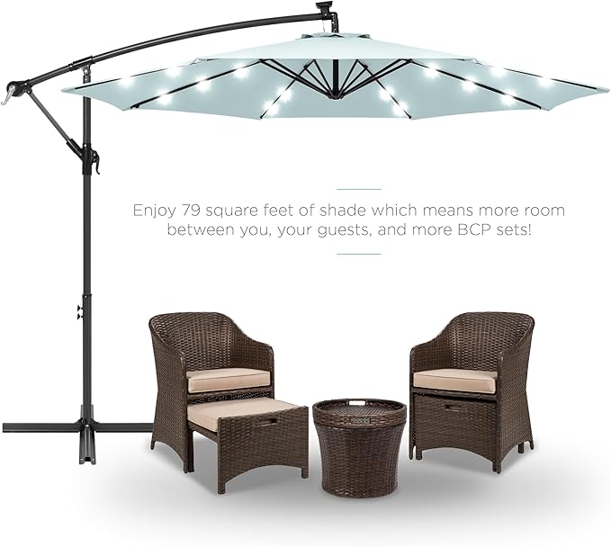 Best Choice Products 10ft Solar LED Offset Cantilever Hanging Market Patio Umbrella, 8 Sturdy Ribs, Easy Adjustment - Baby Blue