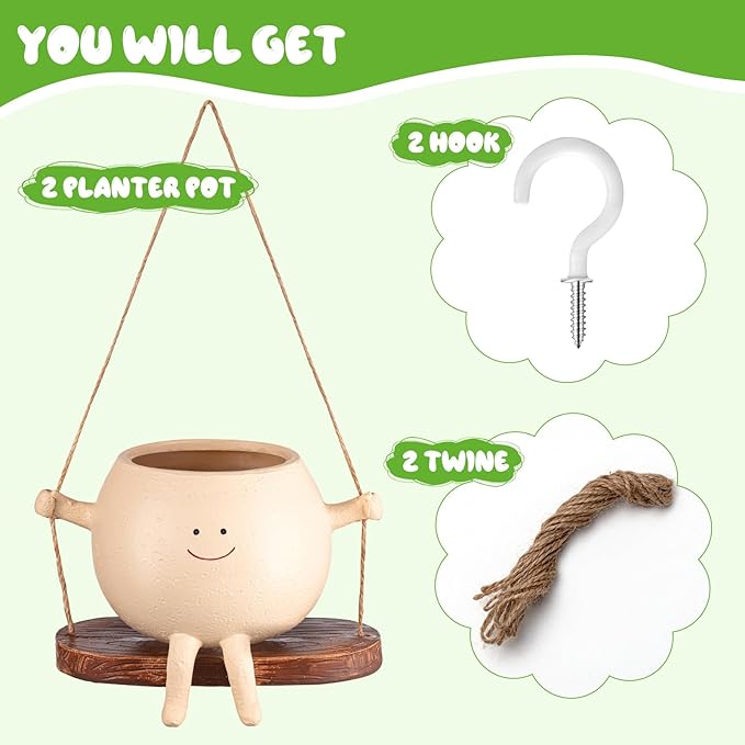 Domensi 2 Pcs Swing Hanging Planter Cute Smile Flower Face Pot Indoor Outdoor Pots for Succulent String of Pearls Plants Plant Ideal Gifts for Christmas Birthday(Swing Spherical,Medium)