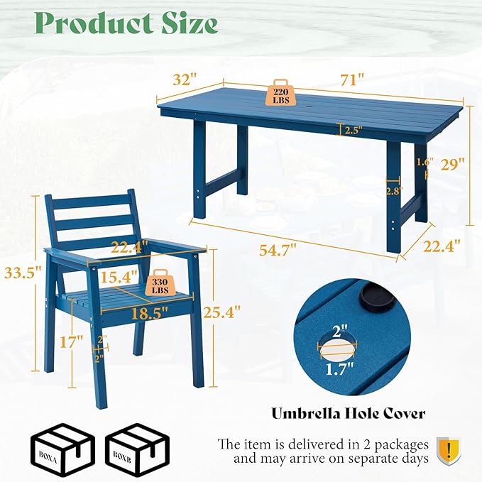 AMERLIFE 7-Piece HDPE Outdoor Dining Set with Umbrella Hole, 71" L Patio Table and Chairs Set for 6, Modern Garden Dining Set for Backyard, Poolside, Porch, Seaside, Blue