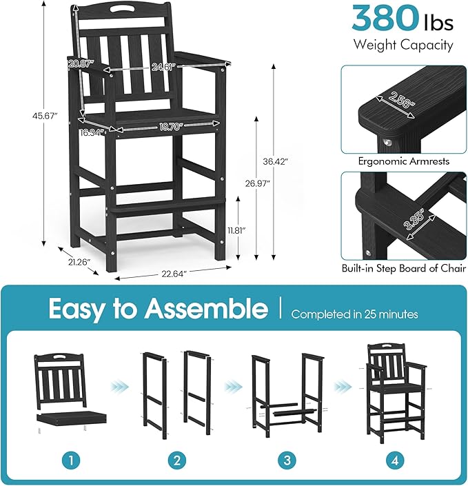 Ciokea Heavy Duty Bar Height Chair, 380lbs Outdoor Adirondack Tall Bar Chair Patio Stool with Arms & High Back, Heavy Duty All-Weather for Balcony, Poolside, Deck and Garden, Black