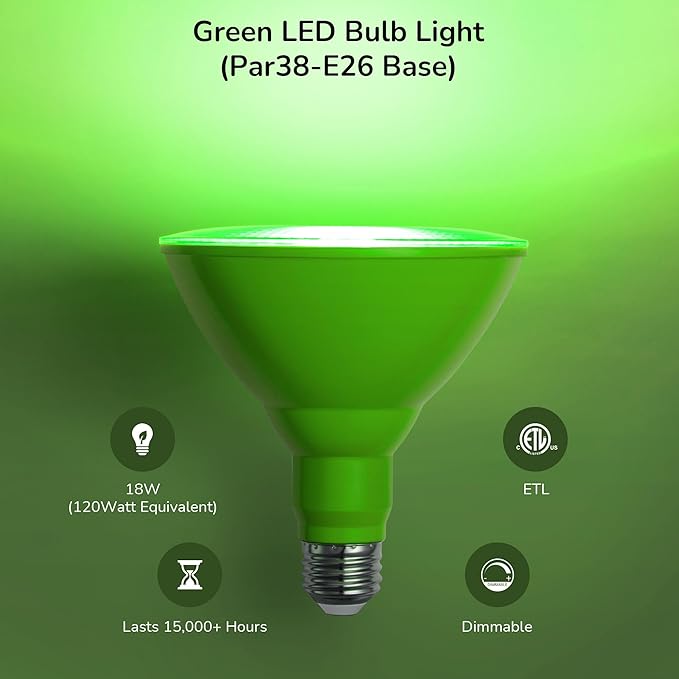 EDISHINE St.Patrick's Day/Easter Decorations PAR38 Green LED Flood Light Bulbs, Dimmable LED Light Bulb, 18W(120W Equivalent), Outdoor Weatherproof Light Bulb, E26 Base, 2 Pack