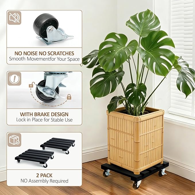 2 Pack Plant Stand with Wheels, Plant Caddies with 360° Lockable Smooth Sliding Wheels Durable Sturdy, Outdoor/Indoor Heavy Duty Rolling Plant Stand for Plant Pot,Flower Pot (11" Black Square)