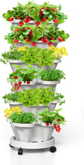 Strawberry Vertical Planters, 6 Tiered Stacking Tower Garden, Stackable Herb Vegetable Planters with Movable Casters and Bottom Saucer Indoor and Outdoor - White