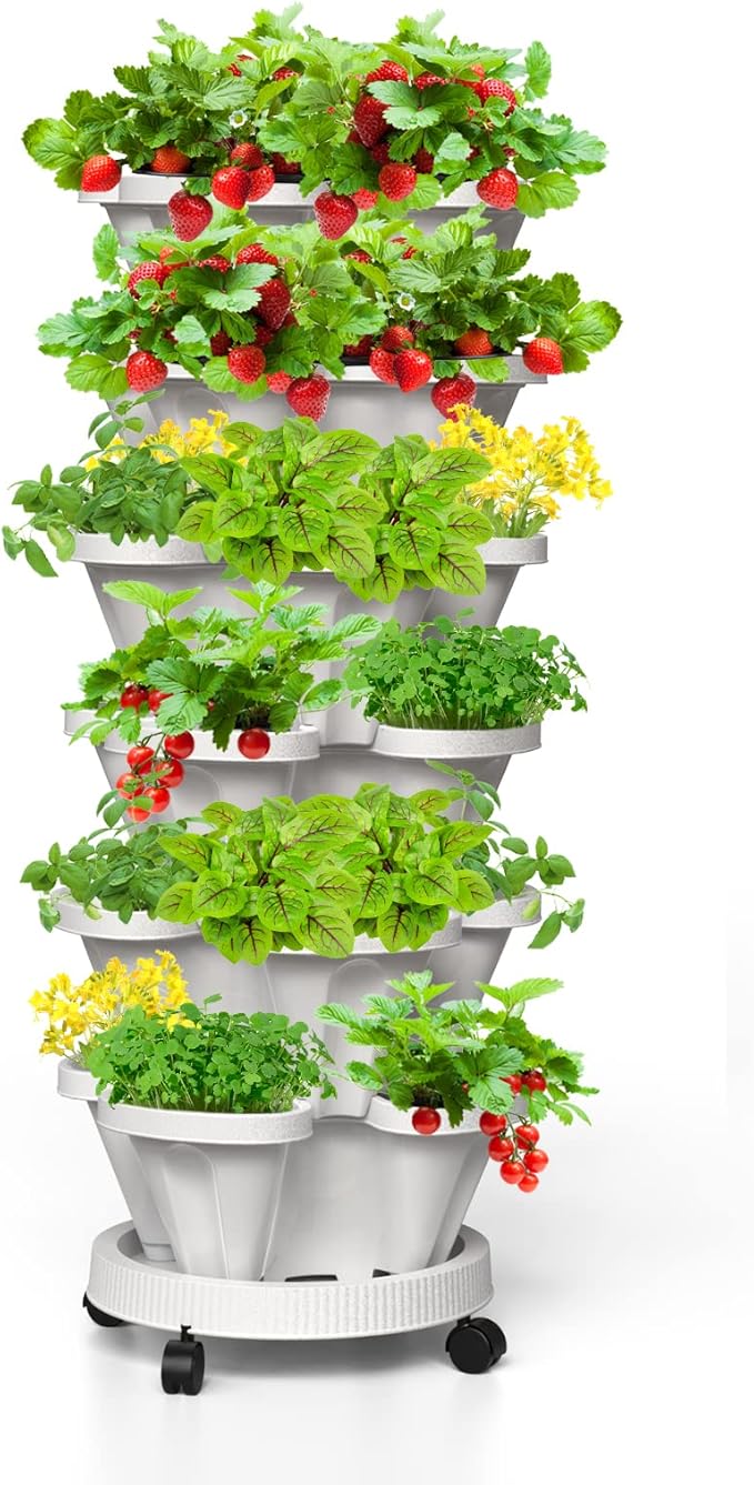 Strawberry Vertical Planters, 6 Tiered Stacking Tower Garden, Stackable Herb Vegetable Planters with Movable Casters and Bottom Saucer Indoor and Outdoor - White